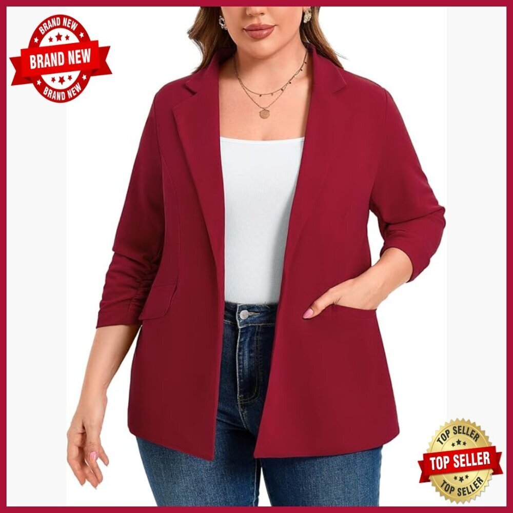 Plus Size Blazer 3/4 Sleeve Open Front Cardigan Jacket with Pockets